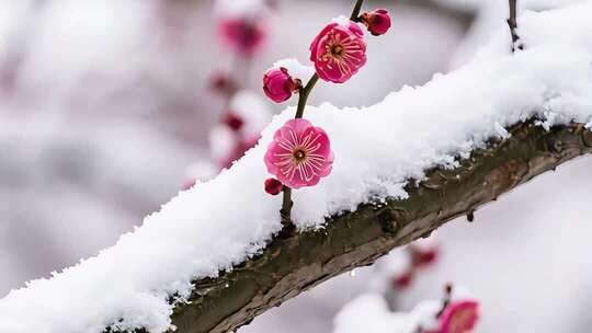 雪中红梅绽放特写傲雪寒梅枝头雪景