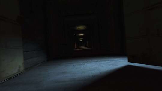 黑暗恐怖走廊里的动态恐怖电影场景，空轮椅