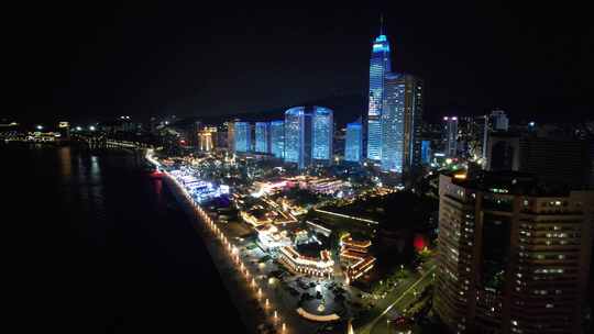 烟台世贸大厦海滨广场夜景航拍