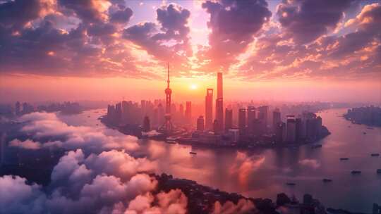 上海虚拟城市一线城市日出云海陆家嘴城市风