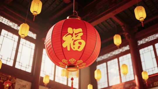 室内悬挂的中式福字红灯笼