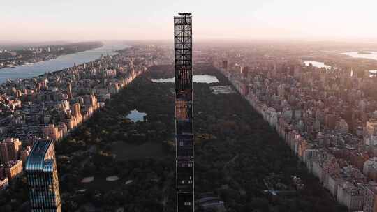 城市航拍纽约中央公园曼哈顿施坦威大厦日出视频素材模板下载