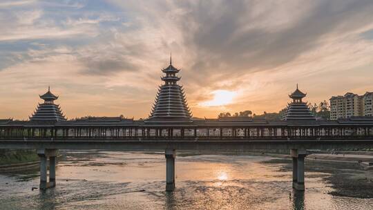 湖南怀化新晃晃州风雨桥日落延时摄影