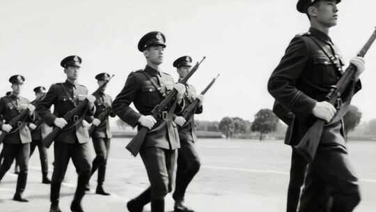 军人持枪列队行进画面
