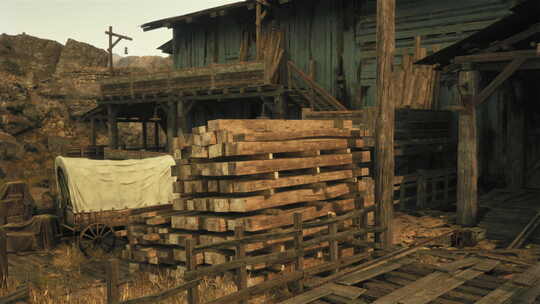 乡村木屋，前景是传统的有盖马车