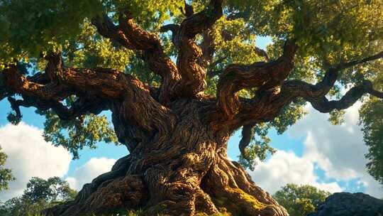 巨大古树蓝天白云下特写