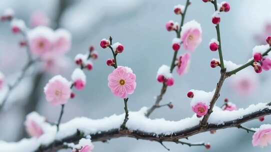 雪中盛开的粉色梅花特写