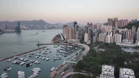 香港维多利亚港清晨日出航拍