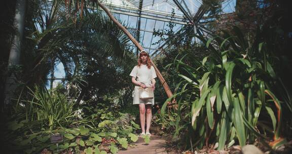 女模特站在温室花园里摆姿势拍摄