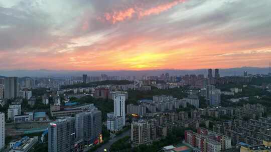 航拍宜昌城市晚霞风景