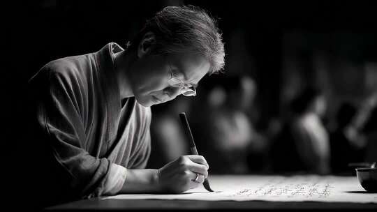 书法家专注创作水墨书法作品