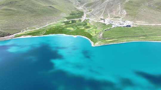 西藏羊卓雍措青稞田阳光照射下五彩斑斓风景