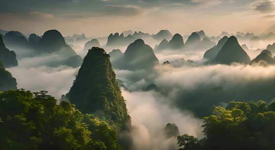 桂林山水合集山峰云海群山云雾缭绕自然风景