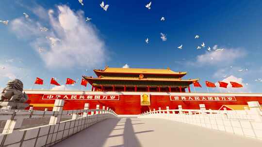 中国北京天安门和飞过的白鸽