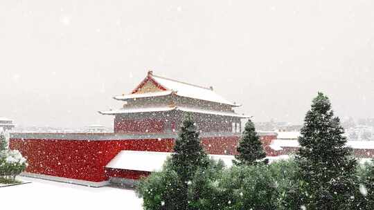 寒冷冬天北京故宫下雪飘起雪花