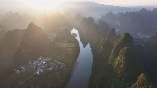 桂林山水日出风光航拍