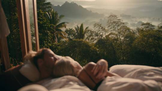 情侣躺在度假酒店欣赏风景