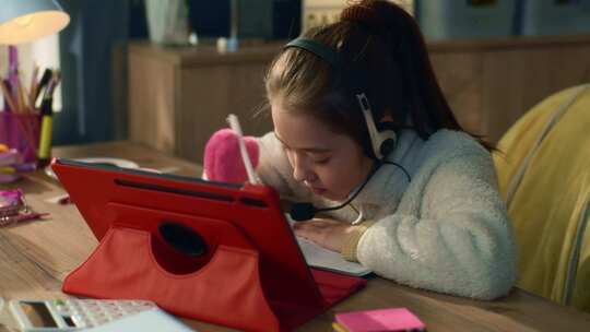 女孩、笔记本电脑、在线学习、耳机