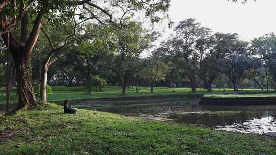 一个孤独的女孩坐在郁郁葱葱的公园里宁静的