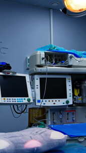 手术台附近有筛网的设备，为手术做准备。