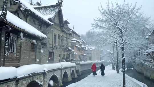 雪中的古建筑旁有人在散步