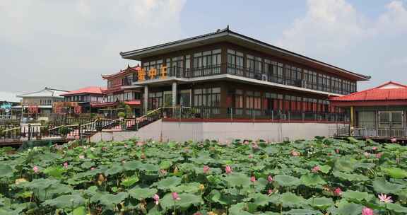 生态湿地长荡湖水街典雅船餐厅建筑风光