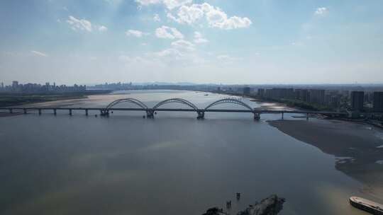 杭州钱塘江九堡大桥江边江景风景航拍