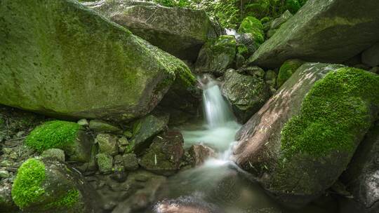 长满苔藓的岩石间的小溪流水