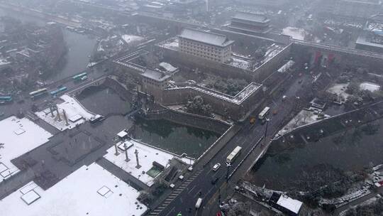 西安城墙永宁门雪景航拍