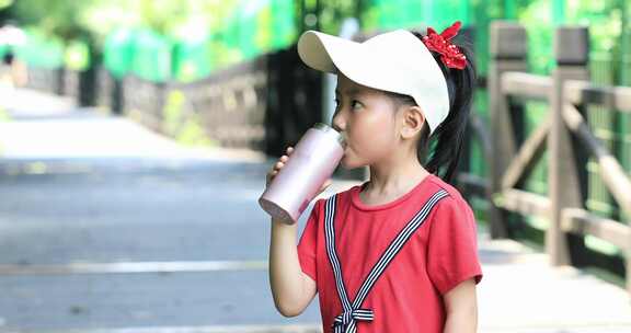 炎热夏天小女孩在户外用水杯喝水