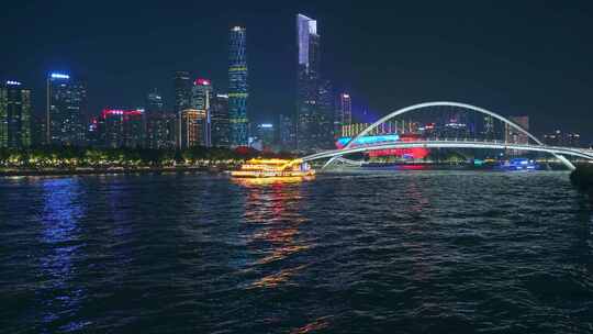 广州珠江海心桥与珠江新城摩天大楼夜景灯光