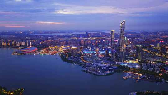 航拍苏州中心CBD金鸡湖东方之门城市夜景