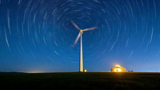 星轨星空下的风力发电机剪影
