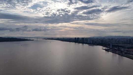 广东汕头海湾夕阳晚霞航拍