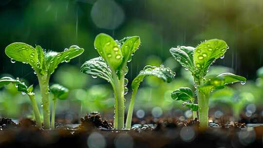 4K晨曦植物嫩芽绿色幼苗小雨自然风光