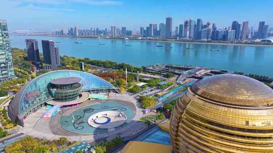 浙江杭州钱江新城市民中心航拍城市地标风景