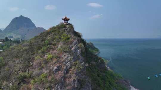 云南玉溪市抚仙湖禄充风景区笔架山航拍风光