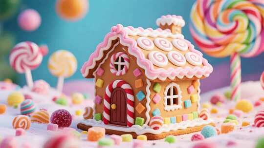 糖果装饰的姜饼屋特写
