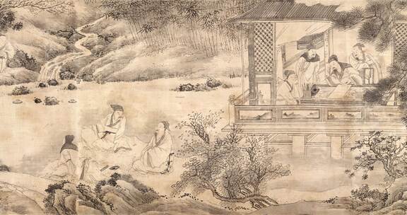 明代钱贡绘王羲之兰亭雅集纸本墨笔图卷