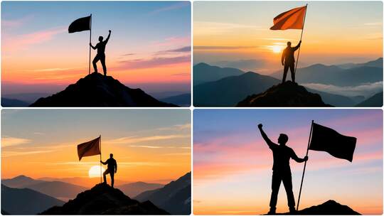 巅峰旗帜：企业奋进与胜利象征剪影视频素材