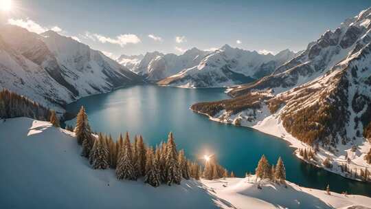 雪山环抱的蓝色湖泊风光