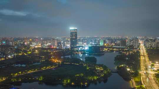 上海保利大剧院远香湖嘉定新城夜景航拍延时