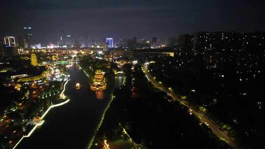 江苏淮安里运河文化长廊夜景灯光航拍视频素材模板下载