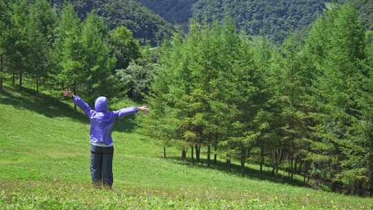 一个人享受蓝天白云高山草甸