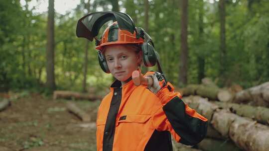一名女性伐木工的肖像站在森林里，一名年轻的专业女性戴着防护装备