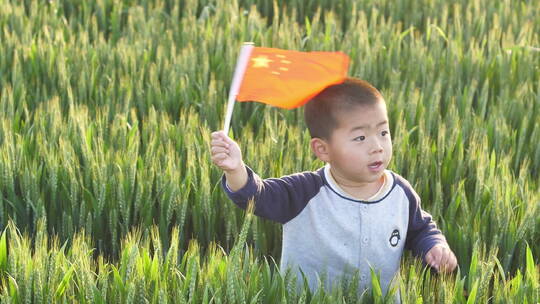 春天中国小朋友在麦田地中玩耍