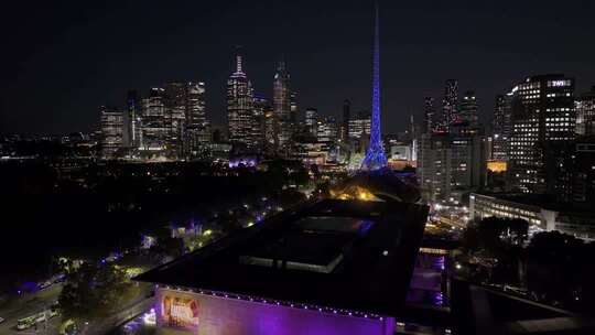 城市航拍墨尔本市中心摩天大楼夜景灯光