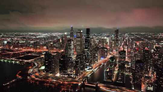 航拍美国芝加哥市中心夜景灯光城市