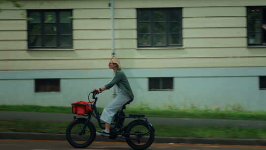 可爱的年轻女子在夏日街上骑城市电动自行车