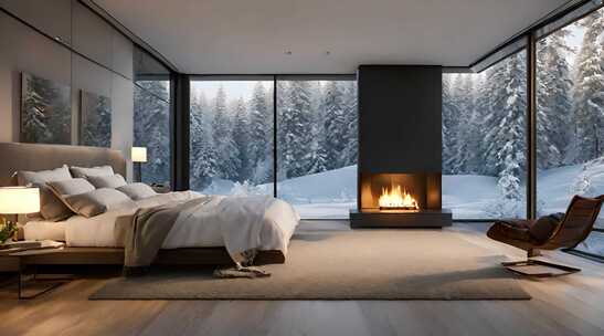 窗外美丽的冬季景观冬季森林中的客房